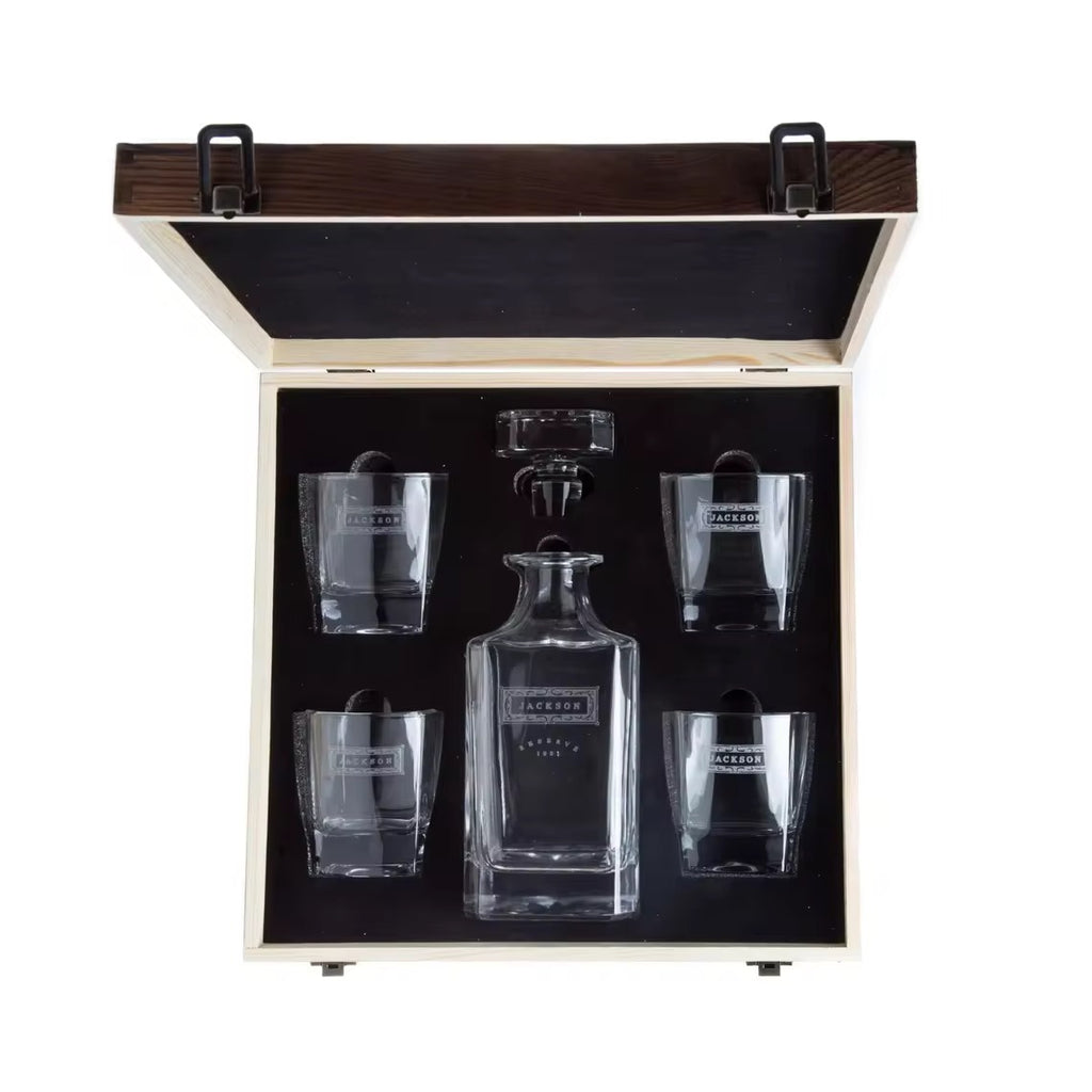 Custom Engraved Decanter Set with 4 Glasses and case