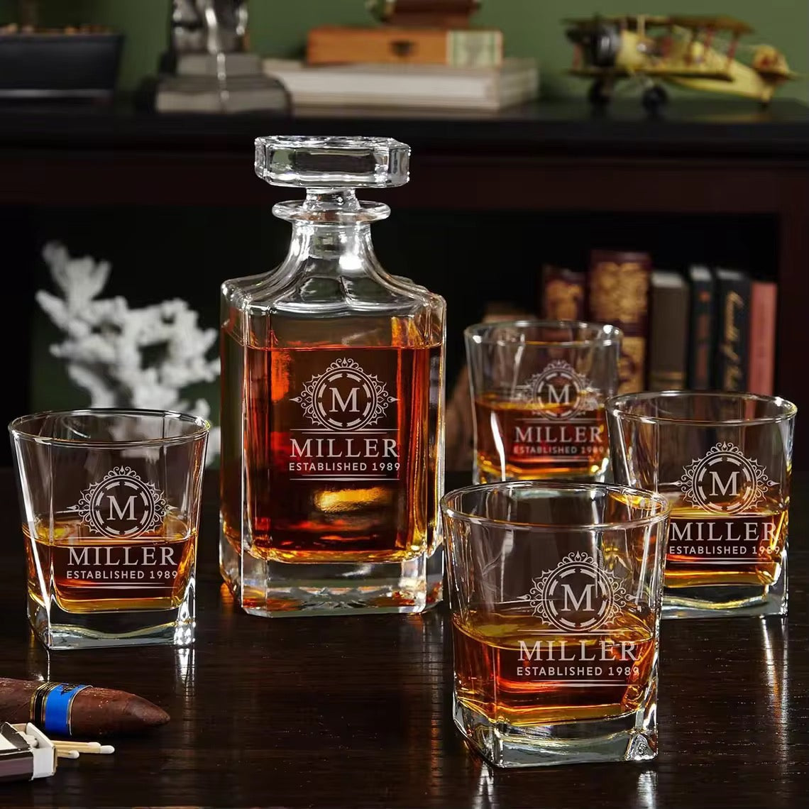 Custom Engraved Decanter Set with 4 Glasses and case